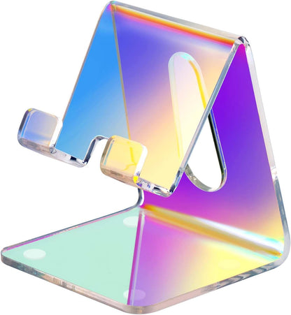 Tomorotec Iridescent Acrylic Cell Phone Stand, Portable Phone Holder for Desk Non-Slip Desktop Smartphones Holder Compatible with iPhone Samsung Galaxy Pixel Phone Cradle Dock Home Office