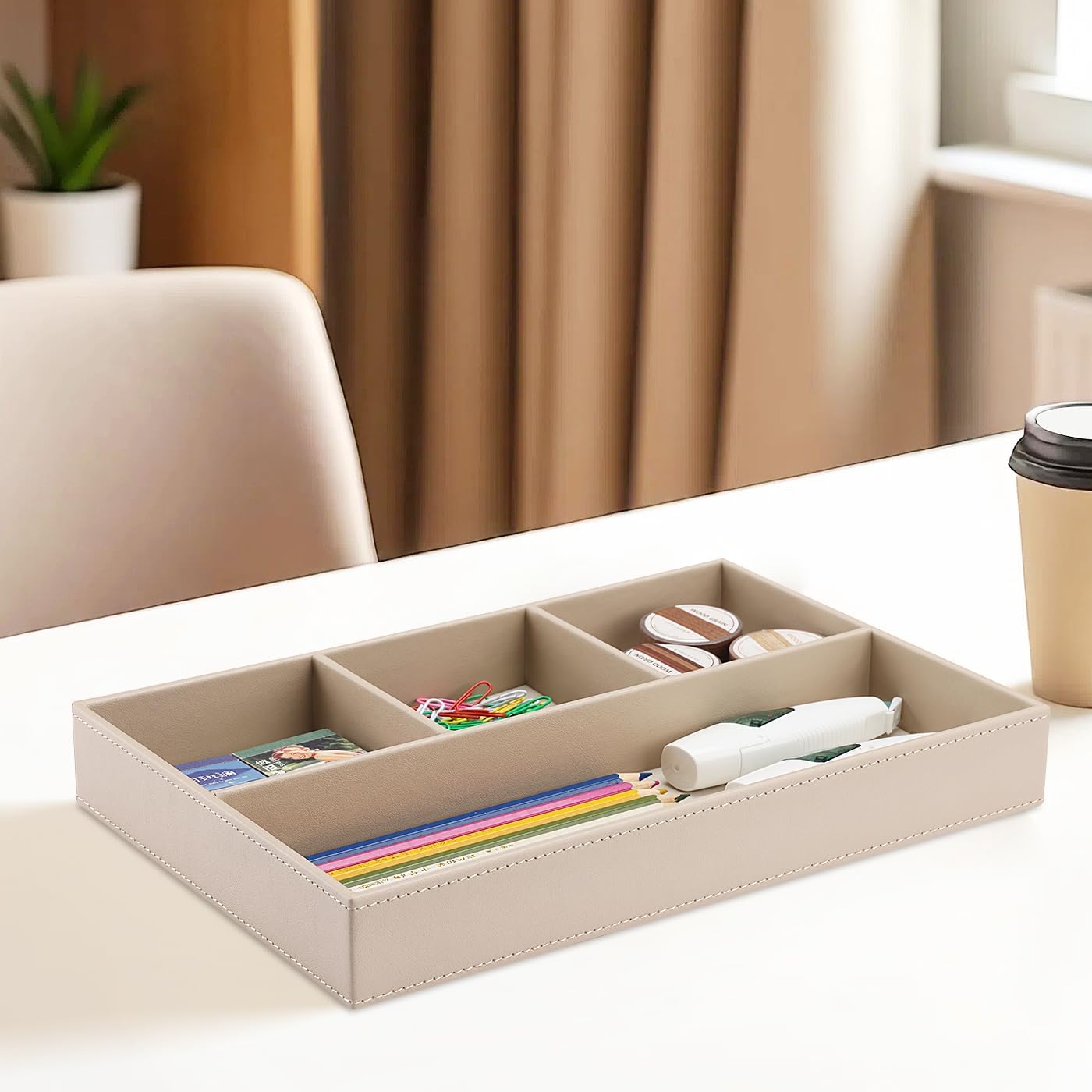 KINGFOM Pu Leather Desk Organizer Tray, 4 Compartment Office Storage Supplies Stationery Drawer Tray, Nightstand Bedside Tray for Key, Wallet, Watch, Coin, Phone Valet Tray Stackable