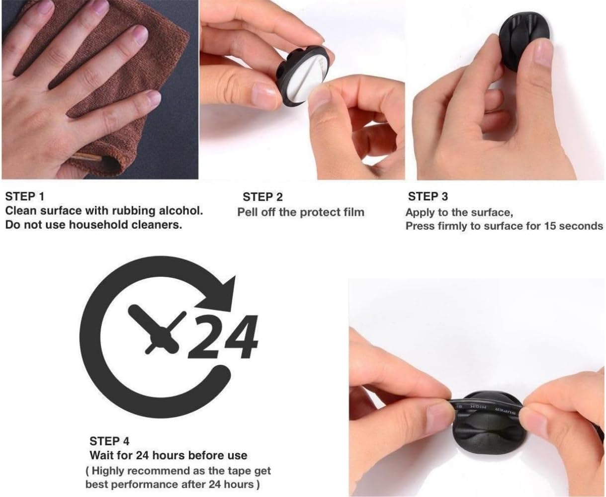 OHill 16-Pack Black Cord Organizer - Adhesive Cable Clips Holder for Desk, Wall, Car - Wire Management Clips for iPhone Charger, USB, Computer Cables -Cord Keepers with Strong Sticky Backing
