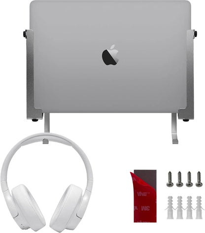 IFCASE Aluminum Wall Laptop Mount Holder for MacBook Air, Pro, Surface, iPad, Tablets, Cell Phones with Headphone Hook, Anti-Scratch Pads, Adhesive & Screws (Black)