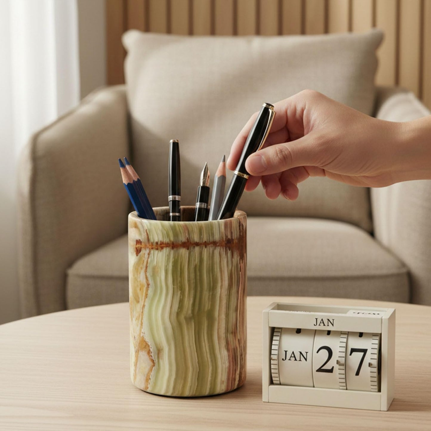 Radicaln Marble Pen Holder For Desk 4" Inches Green Onyx Handmade Makeup Brush Cup for Girls, Bathroom Tumbler Cup, Durable Office & Home Organizer Pencil Holder