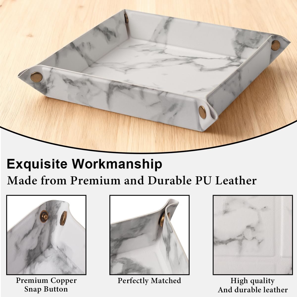 Valet Tray Desktop Storage Organizer – Premium PU Leather Catchall Bedside Vanity Tray Nightstand Caddy Holder for Remote Controller, Keys, Phone, Wallet, Coin, Jewelry,Brown