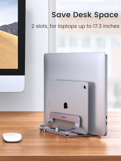 UGREEN 3-Slot Vertical Laptop Stand Holder Desk Compatible with MacBook Pro Air Laptop Stand Desktop Adjustable, Lenovo Ideapad, Surface Book, HP Notebook, Dell Chromebook Up to 17.3 Inch, Space Gray