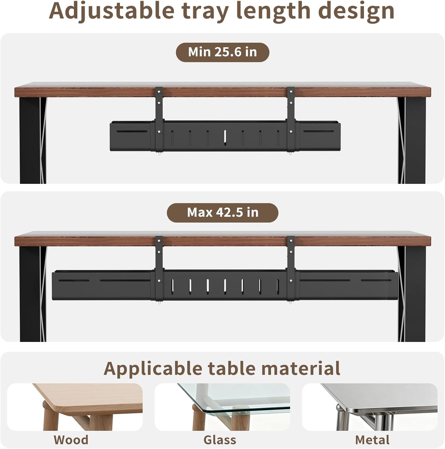 Under Desk Cable Management Tray, Expandable 25.2"–38.6" Heavy Duty Carbon Steel with Clamp, Hidden Cord Organizer for Desk, Home Office & Standing Desk, No Drill Installation, Black