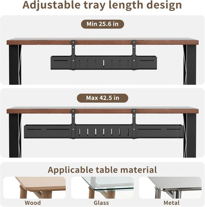 Under Desk Cable Management Tray, Expandable 25.2"–38.6" Heavy Duty Carbon Steel with Clamp, Hidden Cord Organizer for Desk, Home Office & Standing Desk, No Drill Installation, Black