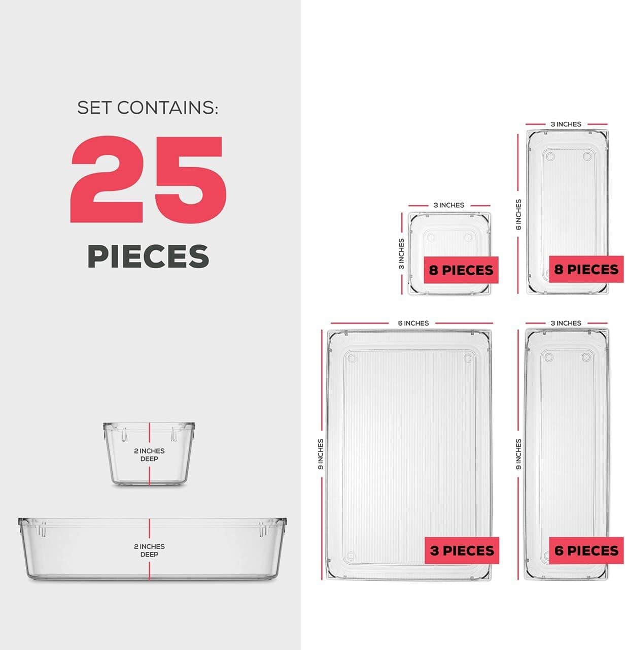 Seseno 25 PCS Clear Plastic Drawer Organizers Set, 4-Size Versatile Bathroom and Vanity Drawer Organizer Trays, Storage Bins for Makeup, Bedroom, Kitchen Gadgets Utensils and Office Accessories