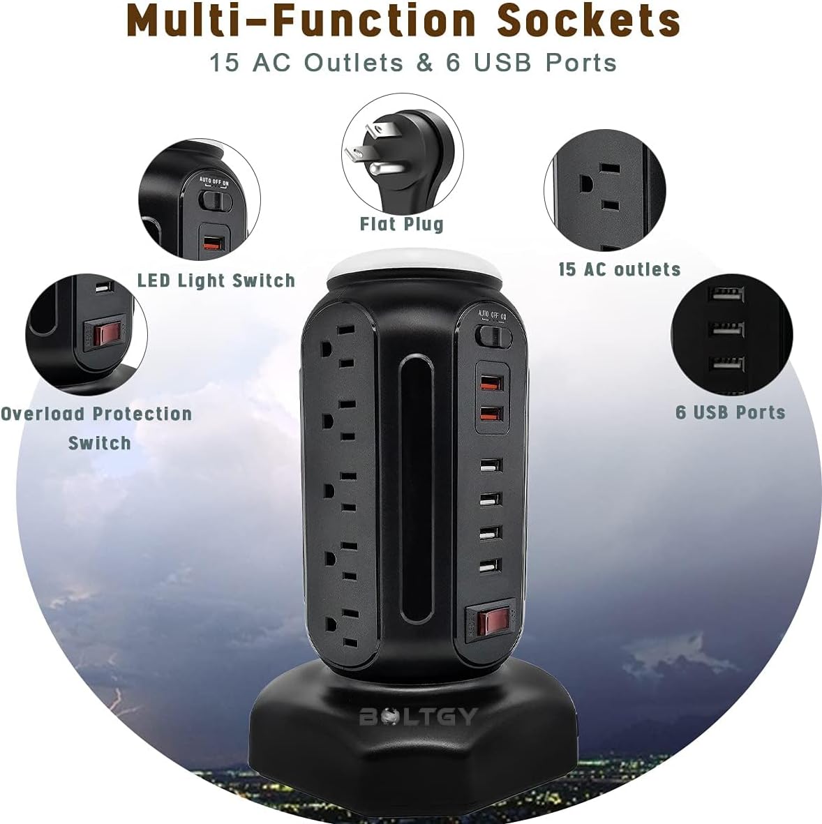 Flat Plug Total Fast Charging Station, Protector with 15 AC Outlets and 6 USB Ports (2 Fast Charge), Tower Surge Protector Power Strip, 6.5FT Extension Cord for Home Office Dorm Room.