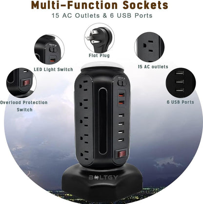Flat Plug Total Fast Charging Station, Protector with 15 AC Outlets and 6 USB Ports (2 Fast Charge), Tower Surge Protector Power Strip, 6.5FT Extension Cord for Home Office Dorm Room.
