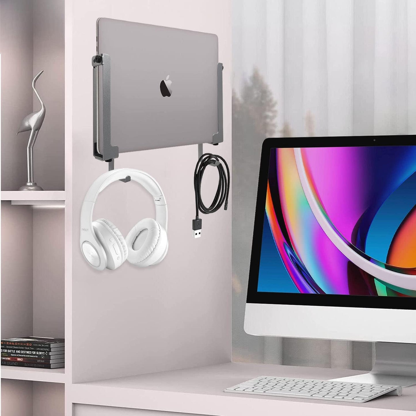 IFCASE Aluminum Wall Laptop Mount Holder for MacBook Air, Pro, Surface, iPad, Tablets, Cell Phones with Headphone Hook, Anti-Scratch Pads, Adhesive & Screws (Black)