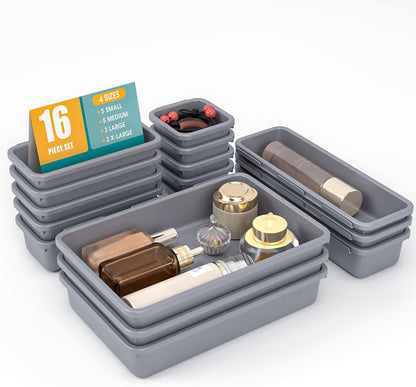StoreHappily 10 PCS Drawer Organizer Set, 4 Size Makeup Drawer Divider Organizer With Non-Slip Pads, Interlocking Plastic Storage Bins for Office,Jewelry Vanity,Gadgets, Bathroom,Kitchen, Black