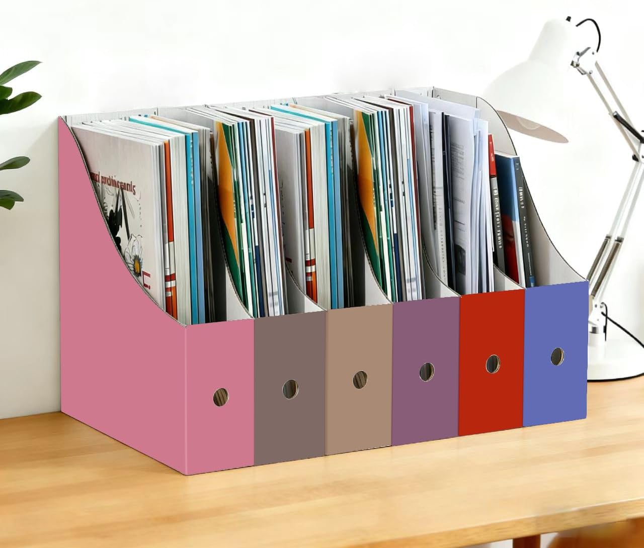 Limitliho Magazine File Folder Holder for Desk, Book Bins for Classroom Library,Office,Home, 10.6" H x 10.2" L x 3.5" W in Cardboard Paper Organizer (Six color, 6 Pack)