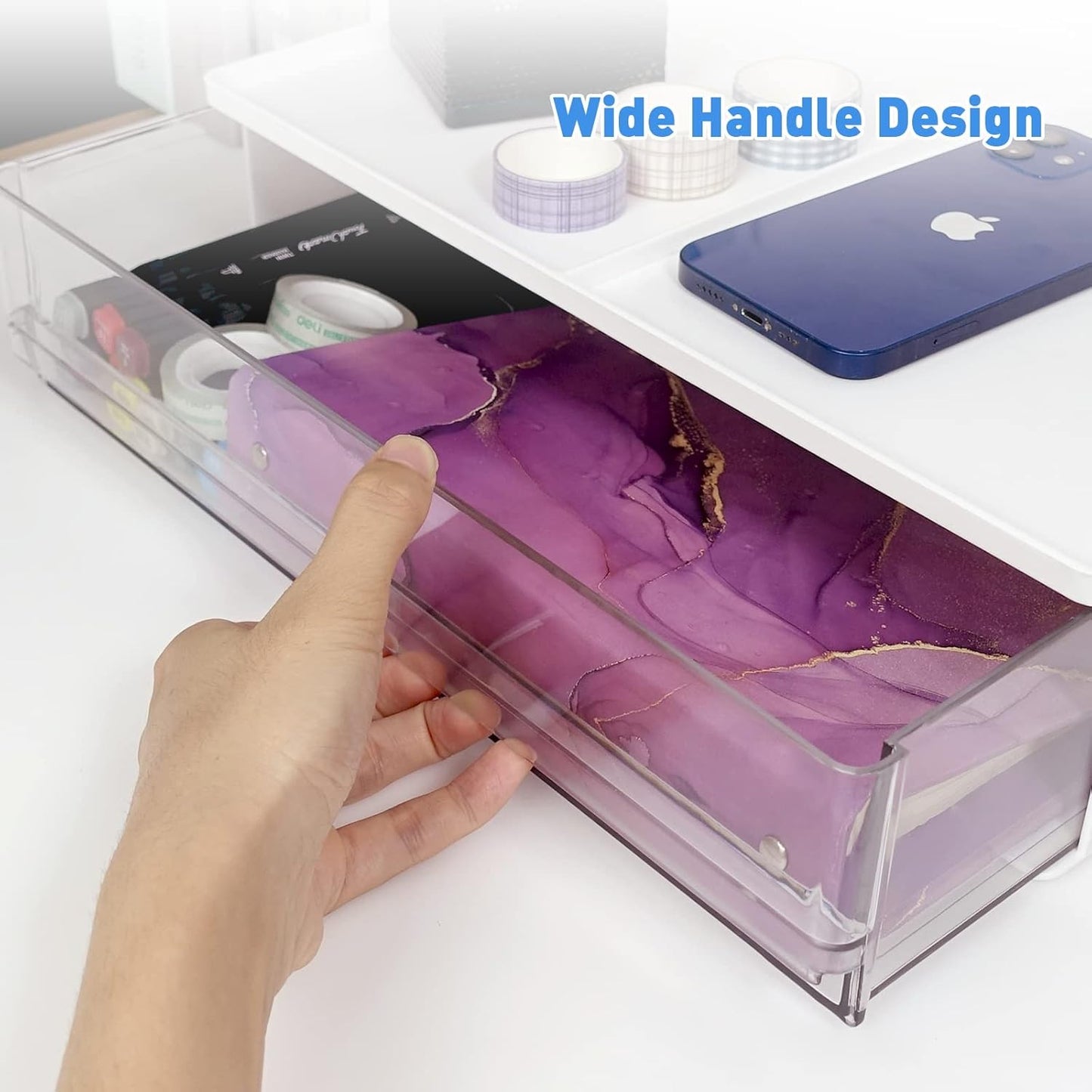 Harhana Printer Paper Holder Desk Organizer with Drawer, Stackable Desktop Storage Drawers 13.5 inch Wide - Pearl White (1 PCS)