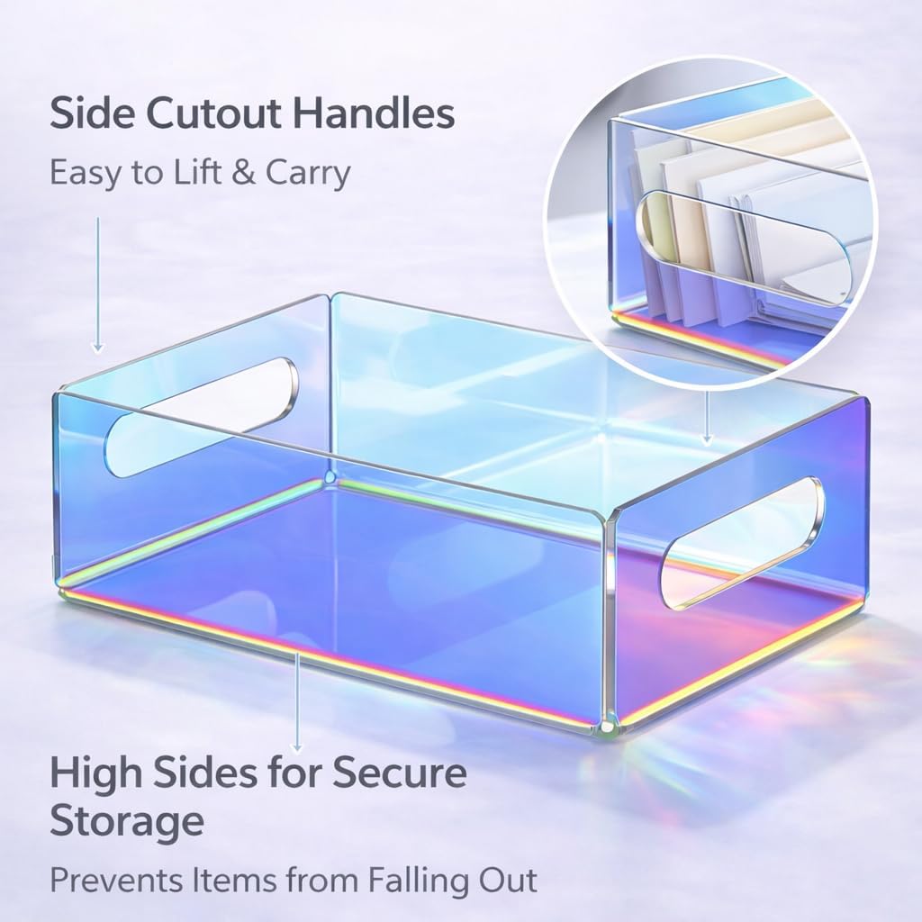 Iridescent Acrylic Square Tray Letter Organizer,Clear Lucite Acrylic Desk Paper Tray for Files Documents Notebooks,StackableTransparent Catch All Tray for Office or Coffee Table (8.66 x 6.5 x 3.35 in)