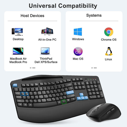 Wireless Keyboard and Mouse Combo, 2.4G Full Size Wave Keys Ergonomic Keyboard with Wrist Rest, Phone Holder, 3-Level DPI Wireless Silent Mouse with 6-Buttons, for Windows, Mac OS, Laptop, PC (Black)
