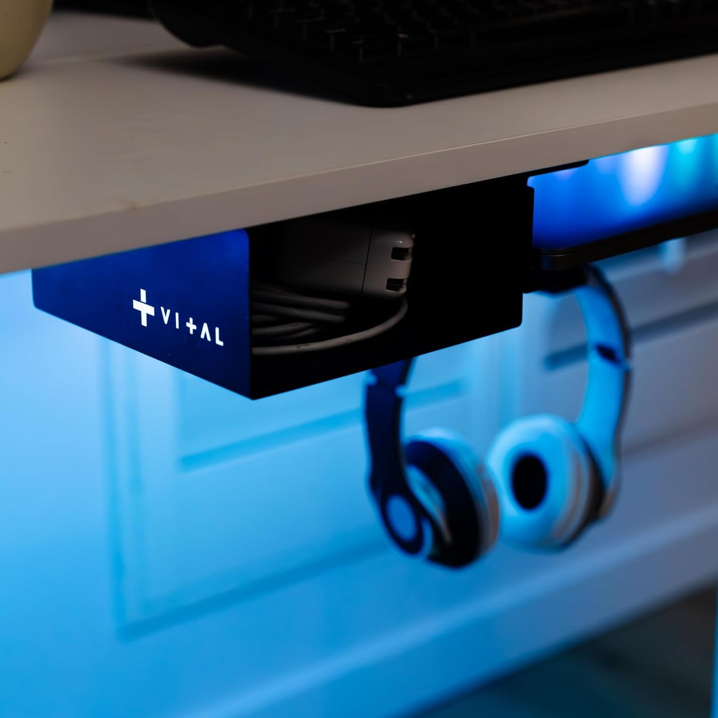 VI+AL Under Desk Laptop Mount - Hidden Metal Shelf with Side Storage, Hook & Cable Organizer - Installs with Tape & Screws - Fits Devices up to 1.7" Thick - Deluxe + LED (USB Light Strip & Remote)