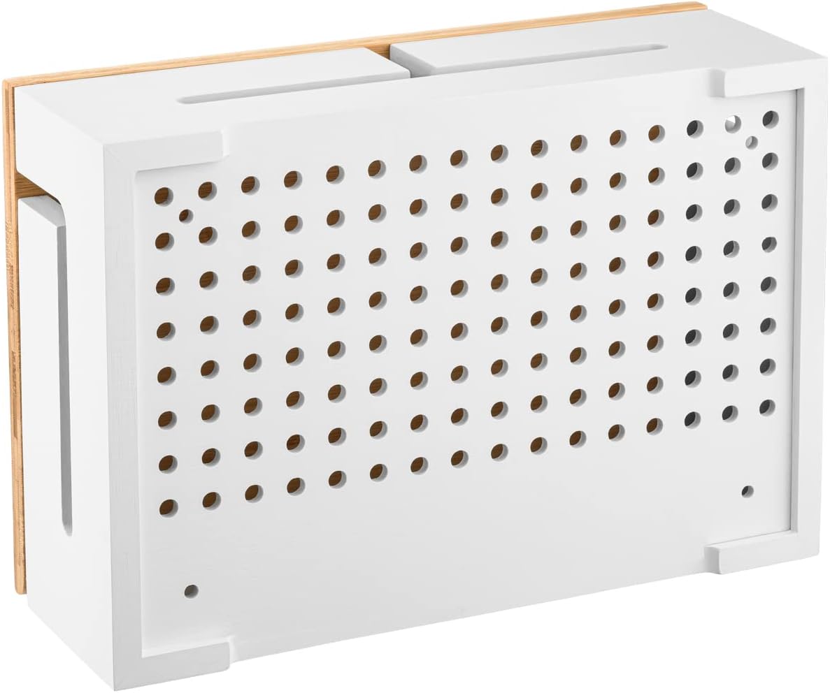 Bamboo Cable Management Box with Magnetic Lid - 12,6x7,8x4.3 in - Durable Cable Organizer to Hide Cords & Power Strip - Wall Mountable - Including Hardware - for Home, Office, Desk & More (White)