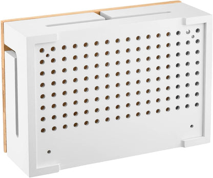 Bamboo Cable Management Box with Magnetic Lid - 12,6x7,8x4.3 in - Durable Cable Organizer to Hide Cords & Power Strip - Wall Mountable - Including Hardware - for Home, Office, Desk & More (White)