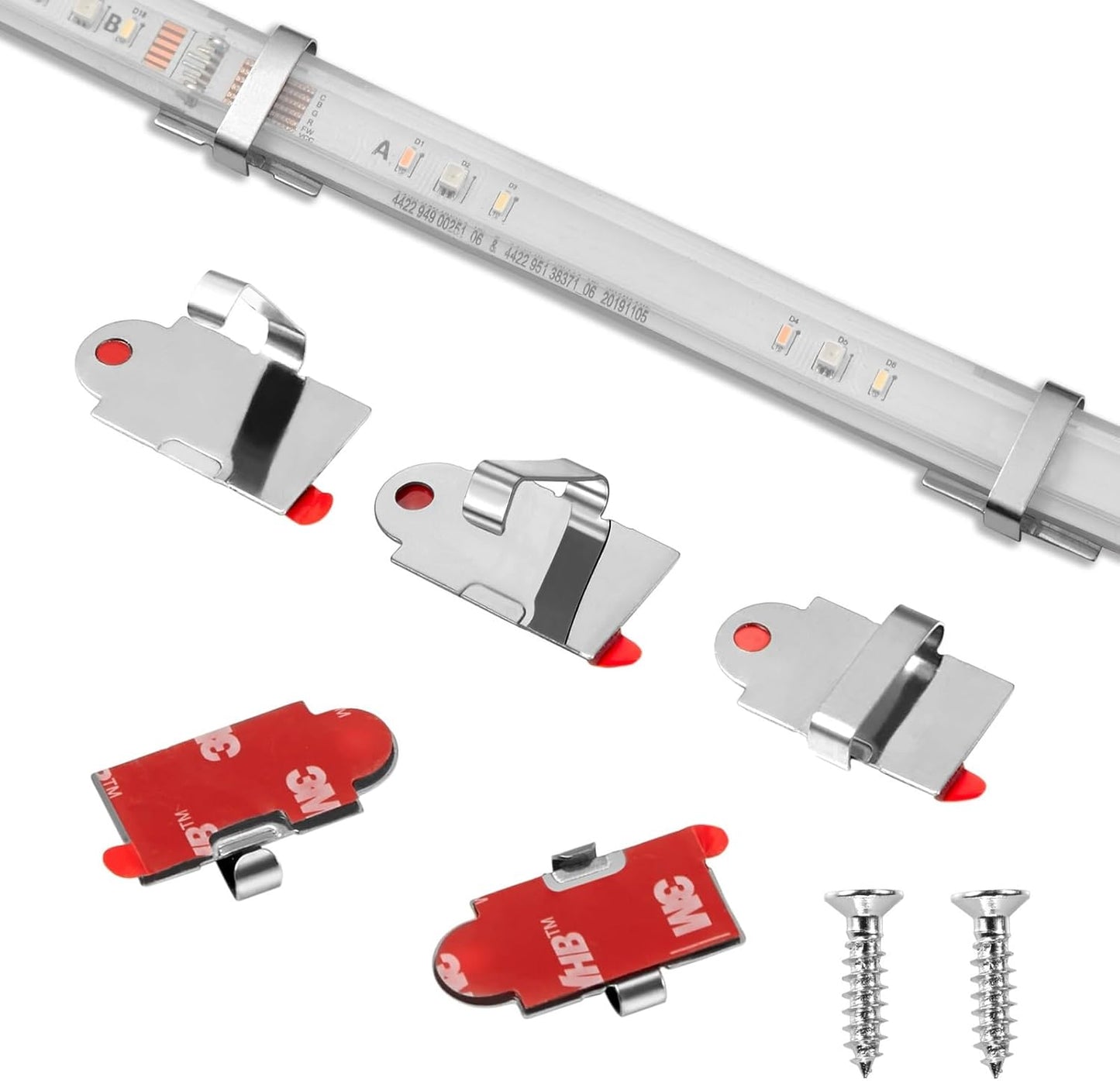 Threetwofour 100 Pack Double Installation LED Strip Light Mounting Bracket Self Adhesive LED Clips Only use for Width 8-10mm/0.31-0.39in Height<2.8mm/0.11in Indoor LED Strip Light with 102PCS Screws