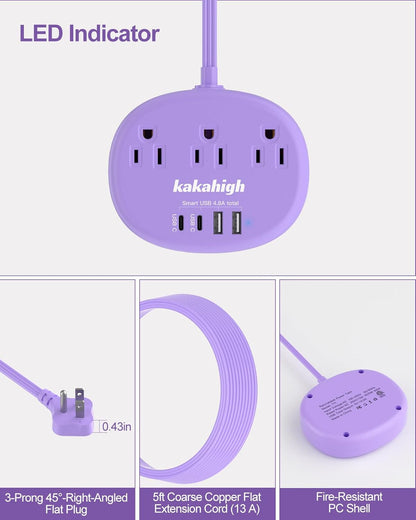 Pink Extension Cord with Surge Protected 1080J - 5 FT Kawaii Power Strip, 1625W Cute Extension Cord with 3 AC Outlet 4 USB (24W/4.8A), Compact for Cute Pink Kawaii Desk Home Essentials