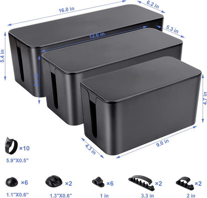 Cable Organizer Box Set of Three, Power Cover Cord Holder Surge Protector for Desk (Black)