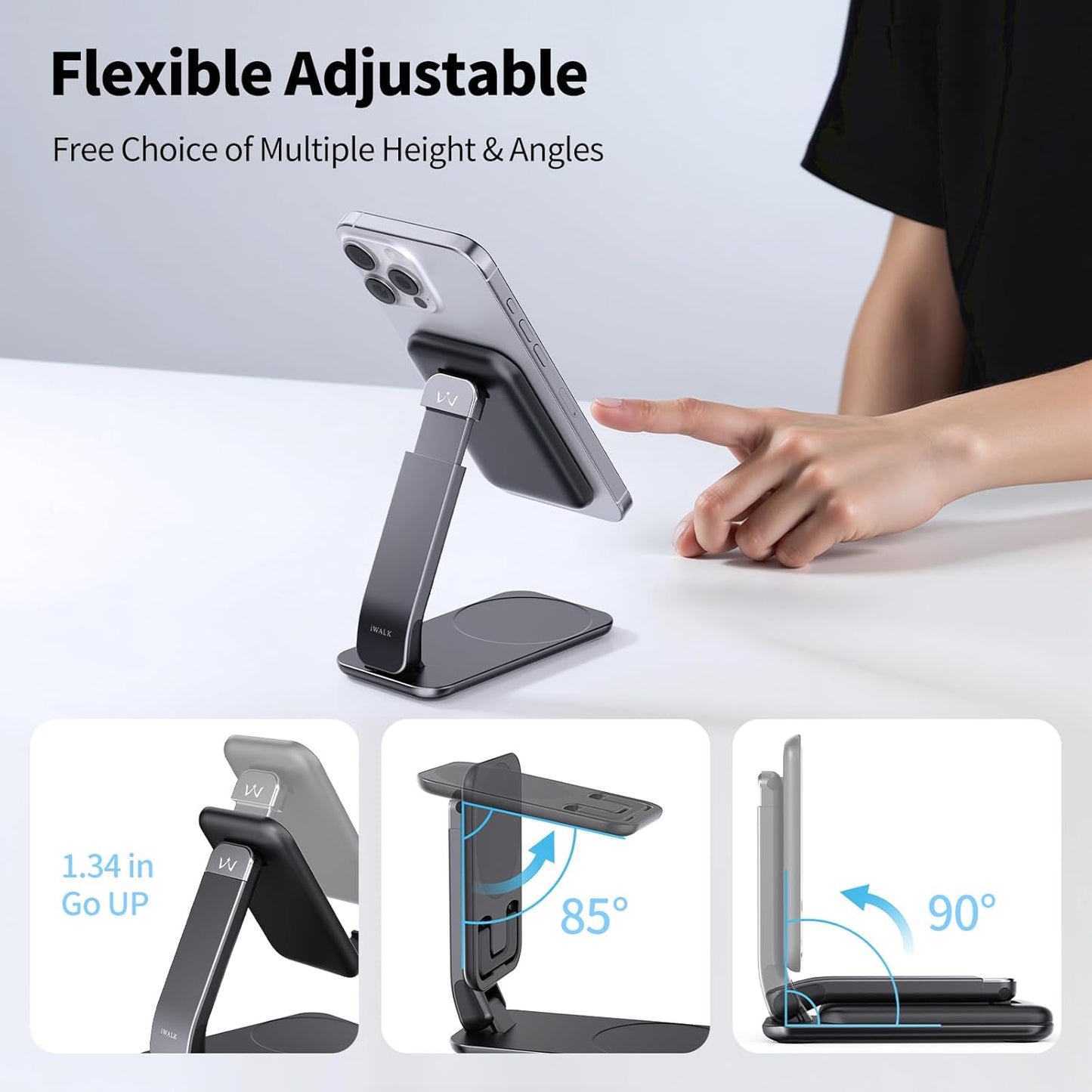 iWALK Magnetic Cell Phone Stand for Desk, Angle and Height Adjustable Mobile Phone Holder, Foldable Magnet Stand for iPhone 17 16 15 14 13 12 Pro Max and iPad, Cell Phone Holder for Samsung, White