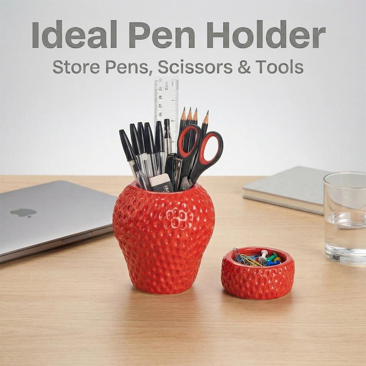 Ceramic Paper Clip Holder, Strawberry Pen Holder Set, Desktop Aesthetic Creative Storage Set of 2, Office Home Decor(Red)