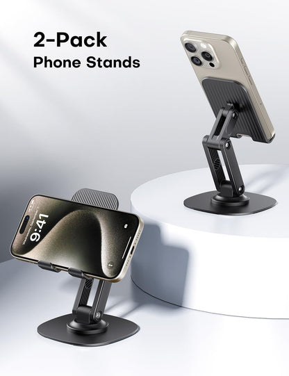 OMOTON Cell Phone Stand for Desk, 2 Pack Adjustable Foldable Phone Holder, 360 Swivel Mobile Stand Fit for iPhone 17 16 15 14 13 Pro Max and All Smart Phones, Black & White