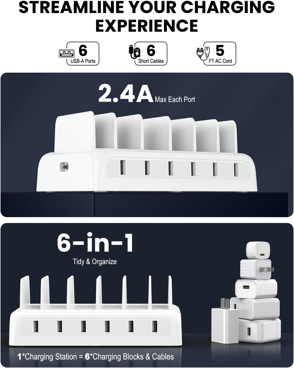 Charging Station for Multiple Devices, Honcila 50w 6 Port Fast Charger Stations for iPhone, iPad, Cell Phone, Tablet, Multi Device Charging Dock Organizer with 6 Mixed Charging Cables