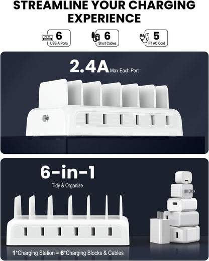 Charging Station for Multiple Devices, Honcila 50w 6 Port Fast Charger Stations for iPhone, iPad, Cell Phone, Tablet, Multi Device Charging Dock Organizer with 6 Mixed Charging Cables