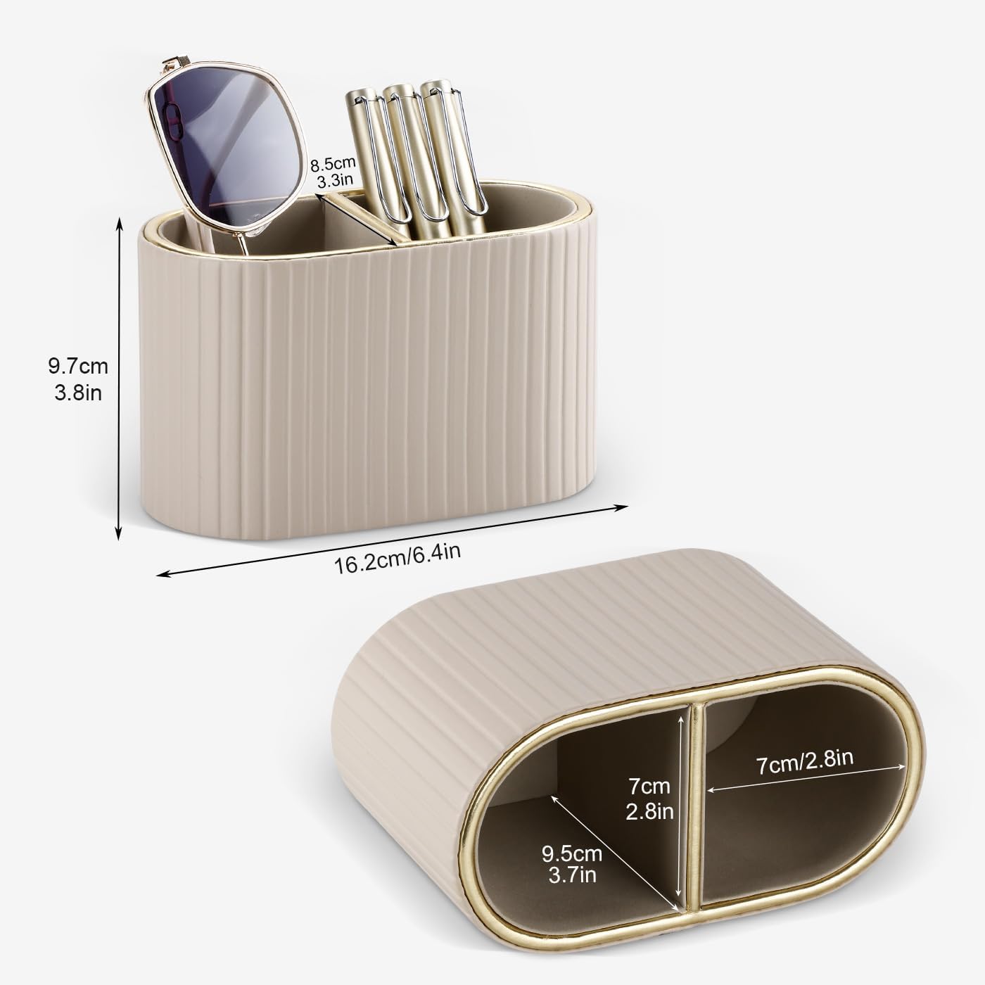 KINGFOM PU Leather Desk Organizer Pen Holder – Dual-Compartment Stylish Pencil Cup Remote Control Holder Desktop Supplies and Accessories Organizer Caddy for Office Home School (Light Beige)