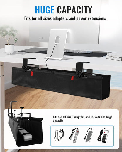 No Drill Cable Management Under Desk, 36" Cord Organizer for Table, Clamp/Screw Mount Cable Tray, Premium Black Fabric Desk Cord Management Tray for Office, Home (Large (36 Inch))