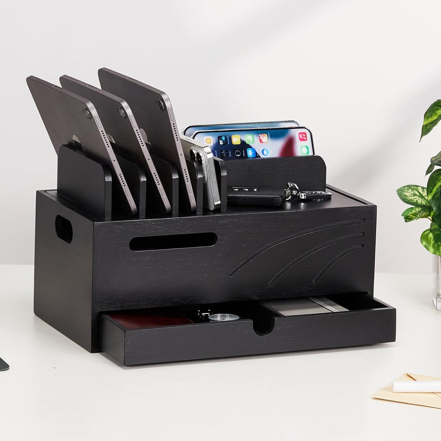 Homde Natural Bamboo Charging Station Rack for Multiple Devices Cable Cord Management Box Organizer Holder with 6 Slots Drawer for Chargers Phones Tablets Watches Electronics (Natural)