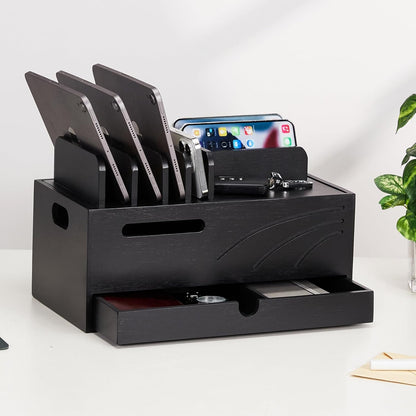 Homde Natural Bamboo Charging Station Rack for Multiple Devices Cable Cord Management Box Organizer Holder with 6 Slots Drawer for Chargers Phones Tablets Watches Electronics (Natural)