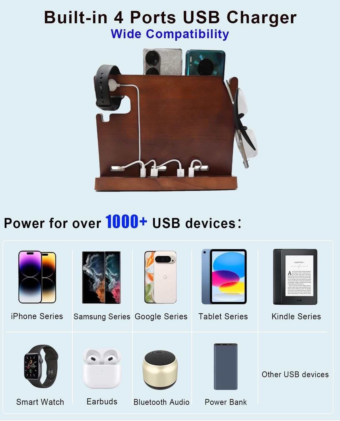 Nightstand Organizer with Drawer Built in 4 USB Charger, Wood Phone Docking Station with Dual Phone Charging Station for Apple Android Phones Anniversary Birthday Gifts for Men Dad Hunsband Mom