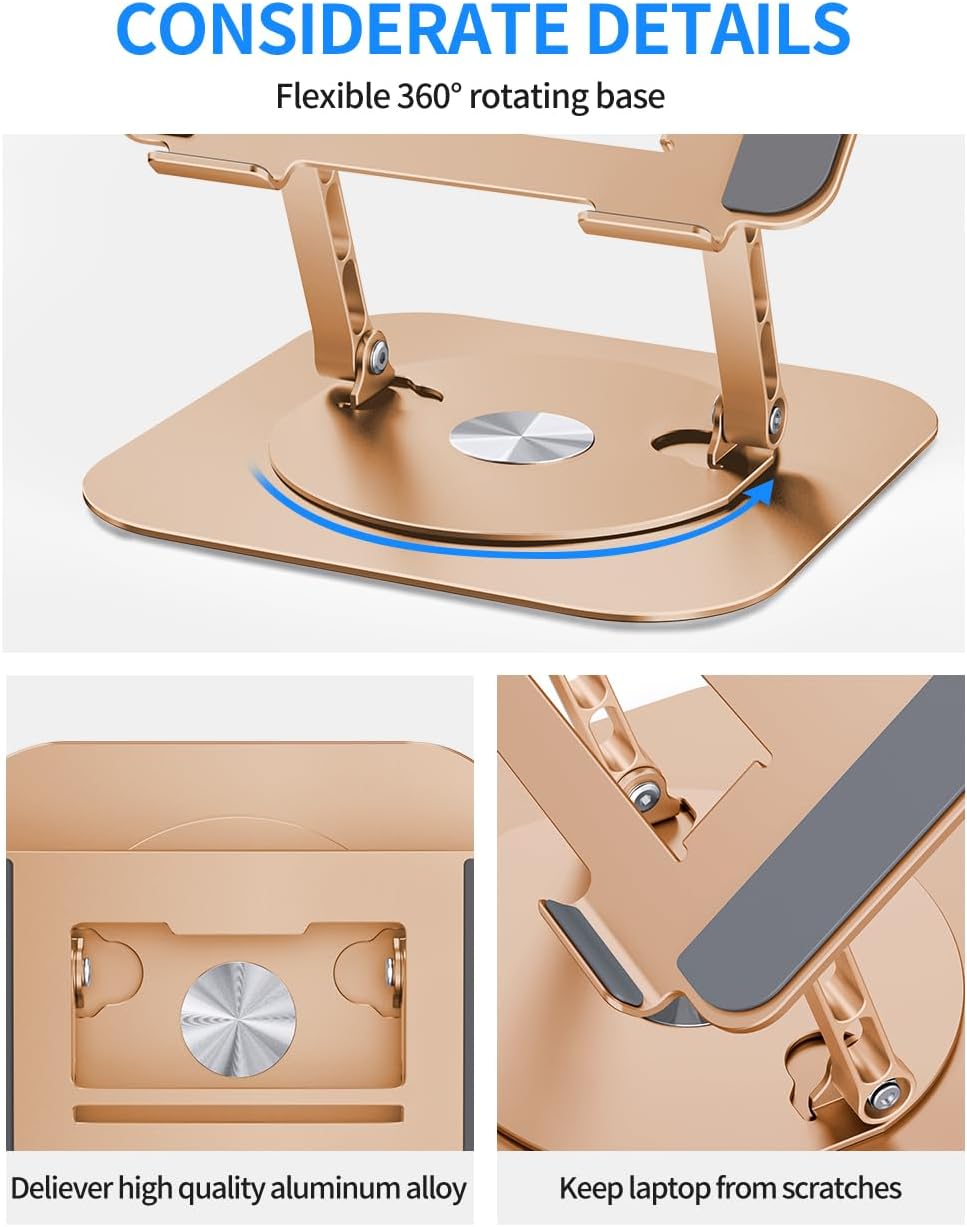 AOEVI Adjustable Computer Stand with 360 Rotating Base, Ergonimic Foldable Laptop Riser for Desk Compatible with MacBook Pro/Air Notebook up to 16 Inches, Silver