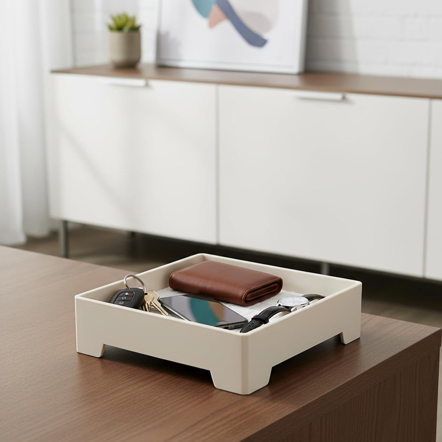 Square Vanity Tray with Cushion, 8" x 8" Desktop Organizer, Valet Tray for Jewelry, Perfume, Keys, Eyewear, Nightstand Catchall Tray for Dresser, Entryway, Living Room, Beige