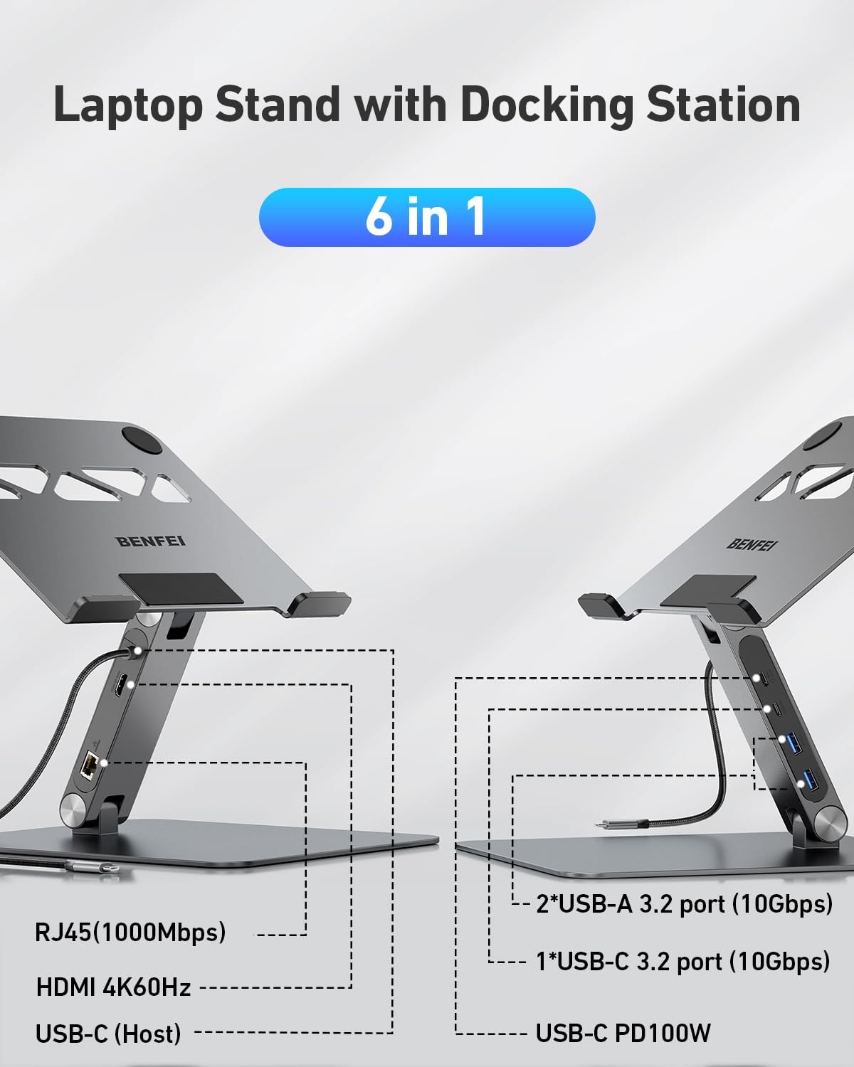 BENFEI Laptop Stand with USB C 7in1 Docking Station,HDMI 4K@60Hz,1*SD 1*Micro SD,100W Power Delivery,10Gbps 1*USB C 3.2 and 2*USB A 3.2 Compatible with MacBook Pro/Air, iPad Pro, XPS, Thinkpad