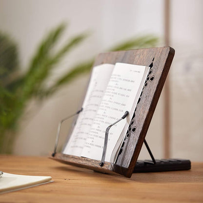 Book Stand with Page Clips, Foldable Reading Rest Holder, Portable Desk Bookrest, Cookbook/Tablet PC/Music Document Stand, Adjustable Wood Reading Frame (Chinese Knot, 11.8 x 8.7 inches)