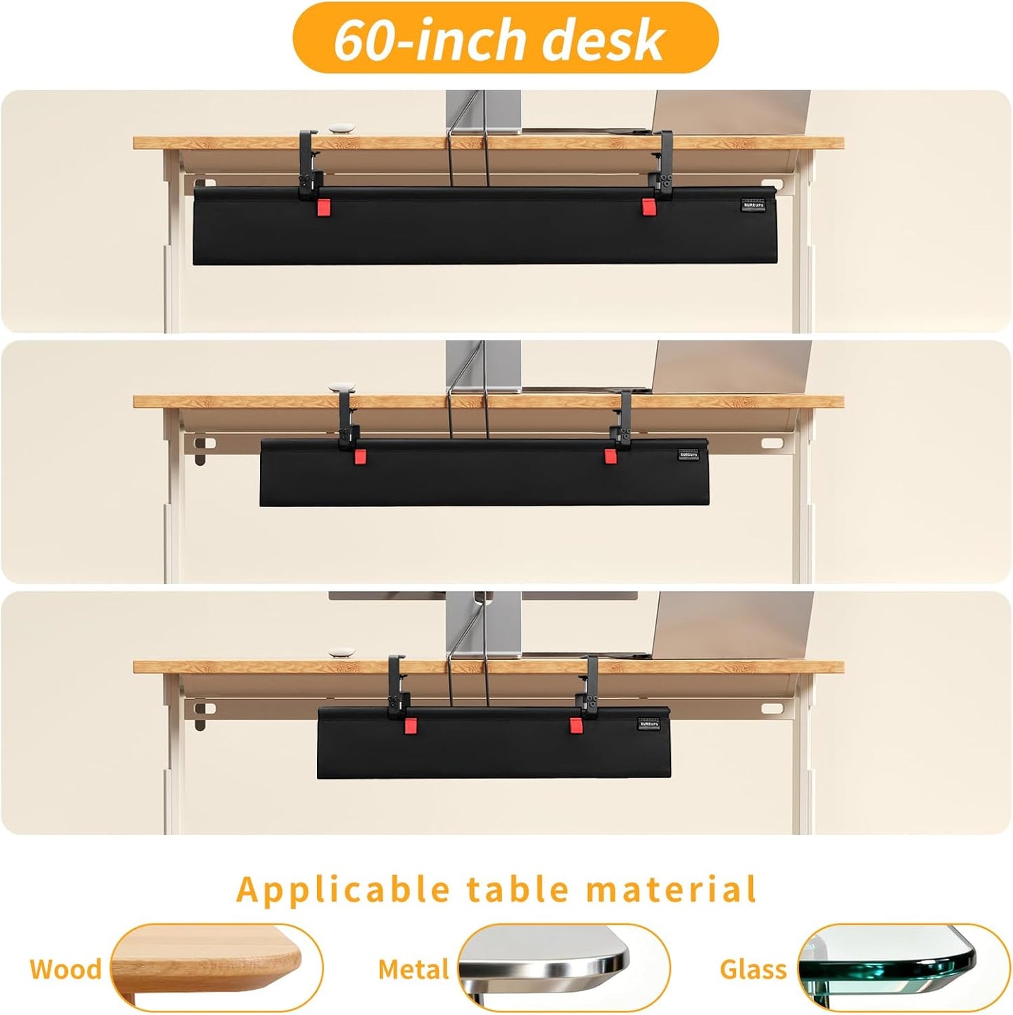 Under Desk Cable Management Tray with Clamp, No Drill 36" Cord Organizer for Desk, Desk Cable Management Fabric Tray for Standing Desks, Ideal for Home & Office - White