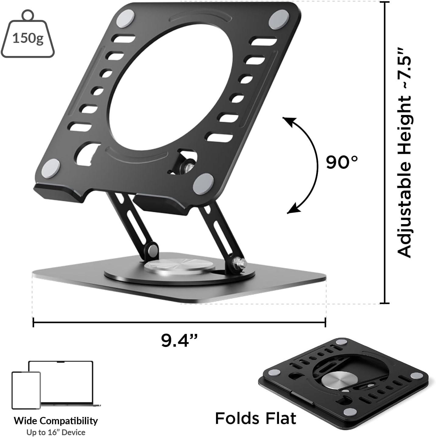 Uncaged Ergonomics Swivel Laptop Stand for Desk, Adjustable Computer iPad Stand for Desk w/ 360 Rotation, Portable Laptop Holder for Home Office Ergonomic Supplies (Black)
