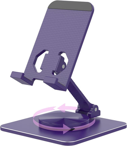 Cell Phone & Tablet Stand for Desk, Aluminum Adjustable Holder for iPhone, iPad & Smartphones || Foldable Mount with 360° Swivel, Stable Base & Portable Design for 4–9.7in Devices, Purple
