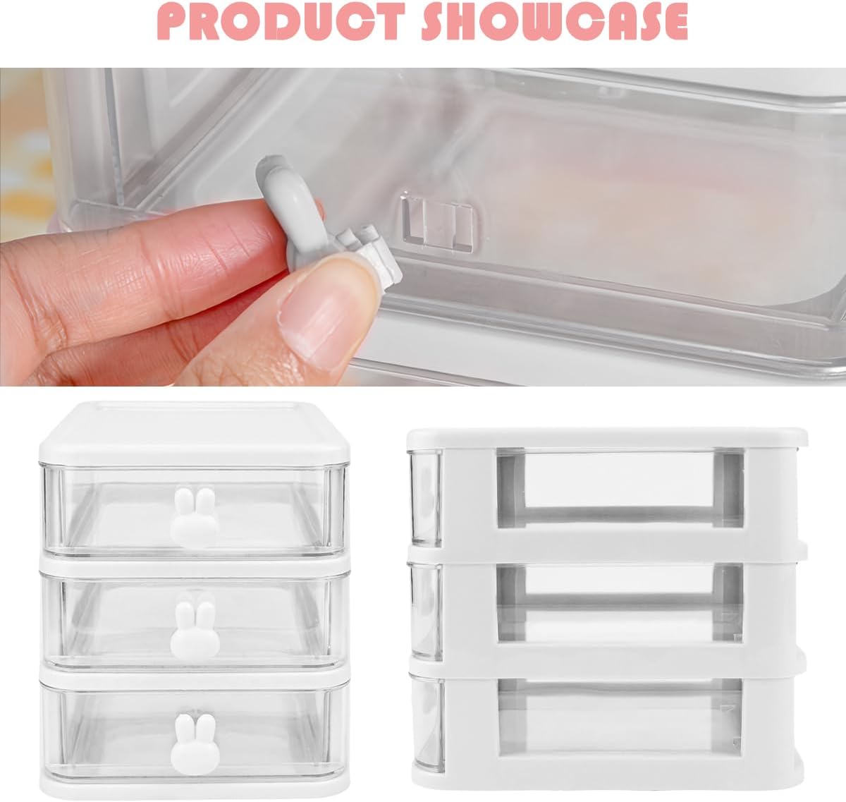 3 Layer Plastic Storage Drawer Bunny Transparent Cosmetic Organizer Rabbit Makeup Organizer Storage Container for Office School Home（White）