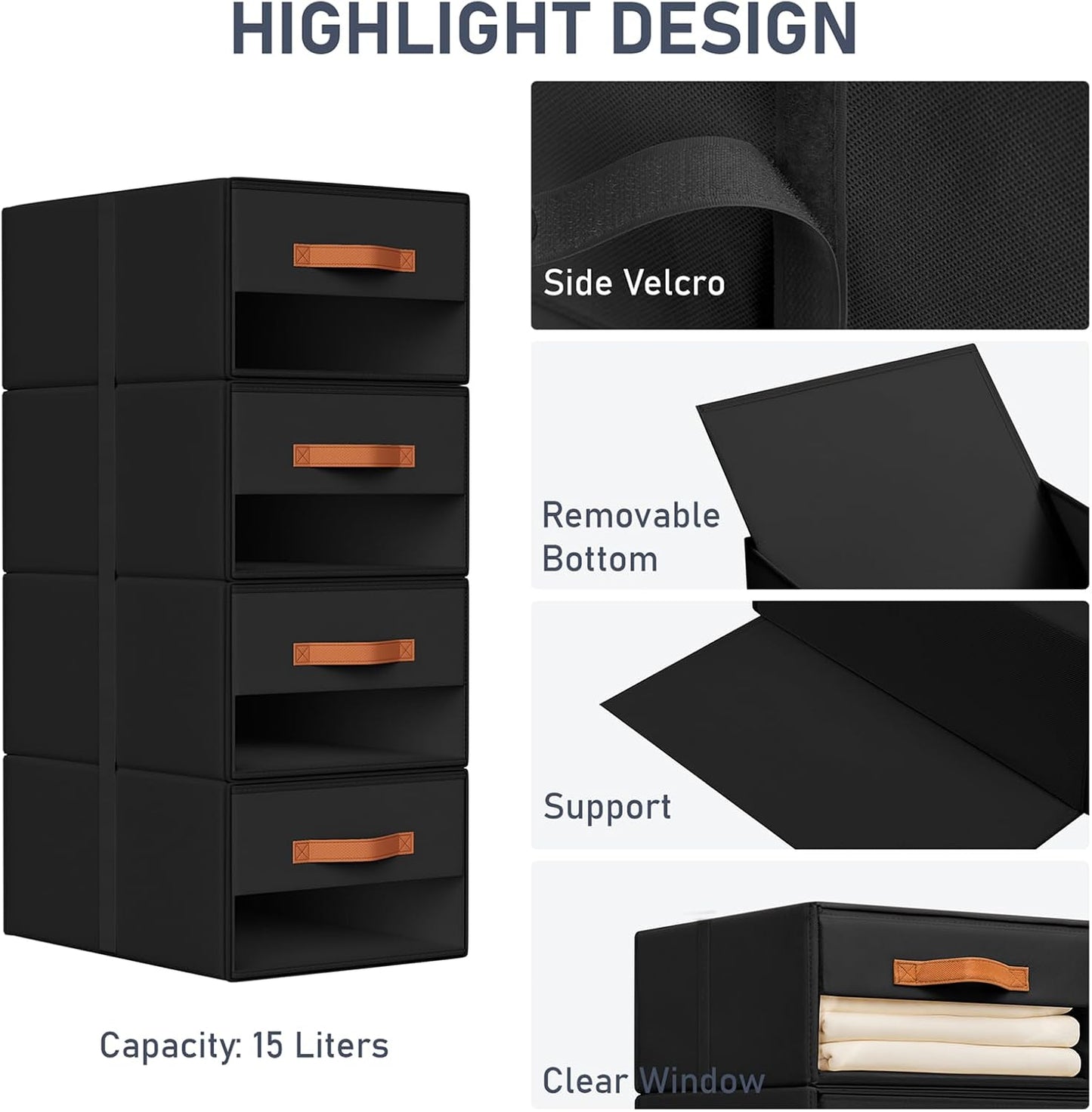 DIMJ Closet Organizers and Storage - Fabric Bins with Drawers for Closet Foldable Clothes Organizers with Clear Window, Stackable Storage Drawers Units for Bedroom, Living Room, 4-Pack, Grey