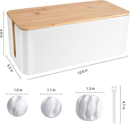 Cable Management Box - Wooden Style Large Cord Organizer Box to Hide Wires & Power Strips | Desk Computer Cable Organizer Box | Safe ABS Material |16" (L) x 6.2" (W) 5.3" (H)|for Home & Office - White