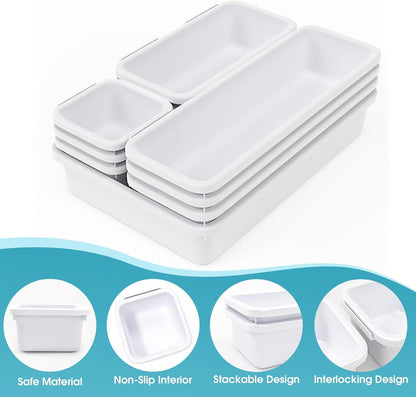 StoreHappily 10 PCS Drawer Organizer Set, 4 Size Makeup Drawer Divider Organizer With Non-Slip Pads, Interlocking Plastic Storage Bins for Office,Jewelry Vanity,Gadgets, Bathroom,Kitchen, Black