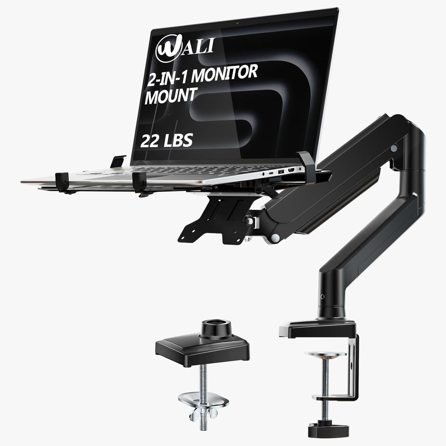 WALI Laptop Desk Mount, Single Monitor Arm with Laptop Holder, Adjustable Height Laptop Arm Mount for Desk, Fits 17” Notebook and 34” Monitors, Up to 22-26.4Lbs (GSMP001LPN), Black