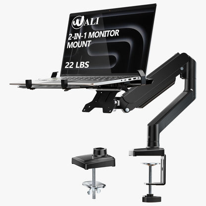 WALI Laptop Desk Mount, Single Monitor Arm with Laptop Holder, Adjustable Height Laptop Arm Mount for Desk, Fits 17” Notebook and 34” Monitors, Up to 22-26.4Lbs (GSMP001LPN), Black