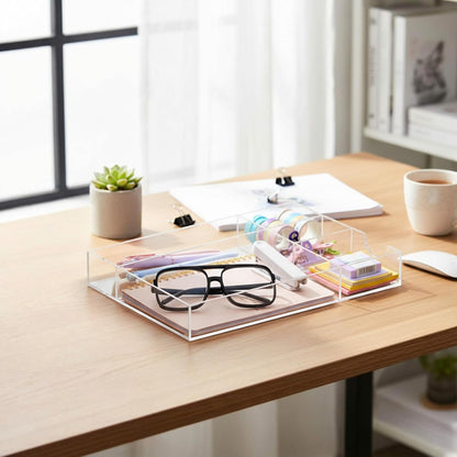 Briwooody Clear Acrylic Desk Drawer Organizer 11 x 6.1 x 1.38 Inch Storage Tray Organizer for Pens, Stationery, Desktop, Office, Bathroom, Kitchen, Makeup Supplies (6 Compartments)
