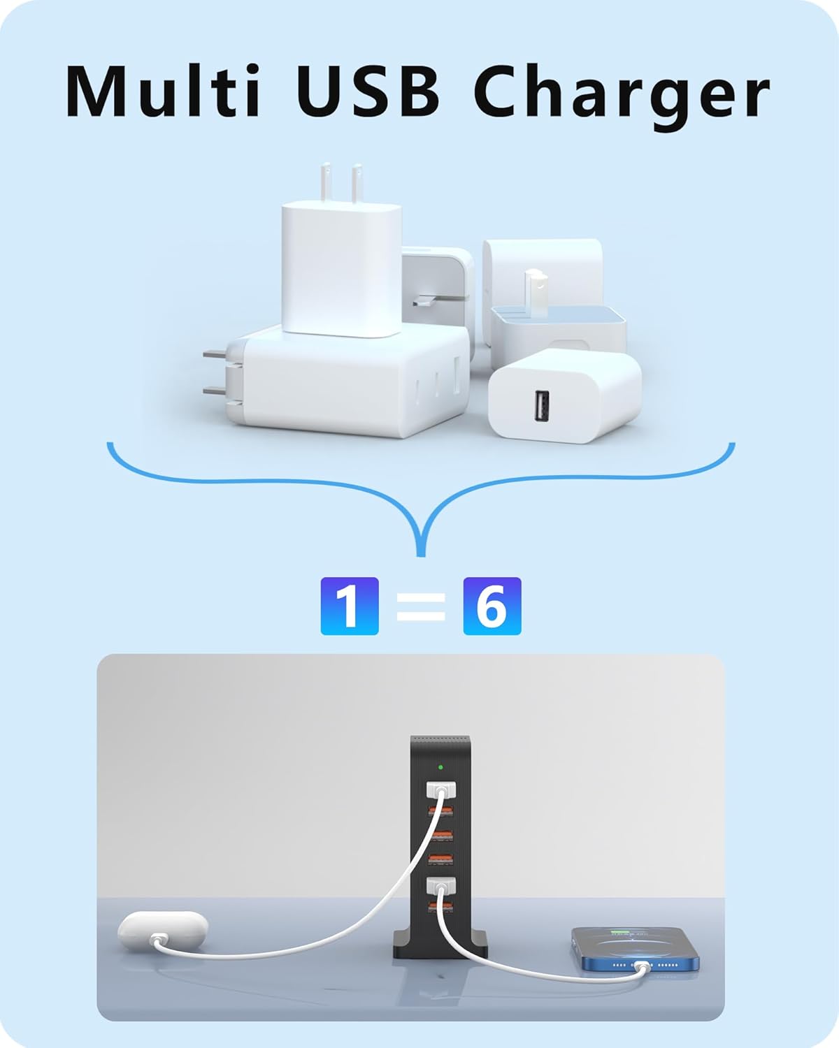 VPSUN USB Charger 6 Port 50W Multi USB Tower Charging Station for Multiple Devices iPhone 15/14/14 Pro/14 Pro Max/13 Pro/13 Pro Max/Android/Samsung/Tablet,etc (Black, 50W)
