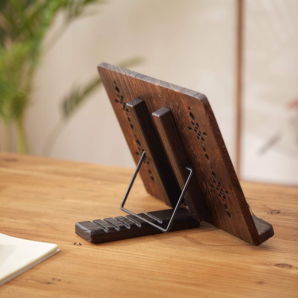Book Stand with Page Clips, Foldable Reading Rest Holder, Portable Desk Bookrest, Cookbook/Tablet PC/Music Document Stand, Adjustable Wood Reading Frame (Chinese Knot, 11.8 x 8.7 inches)